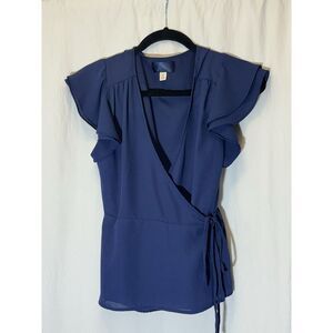Blue Rain Navy Blue Faux Wrap Front Top Blouse Size XS Surplice‎ V Neck F5